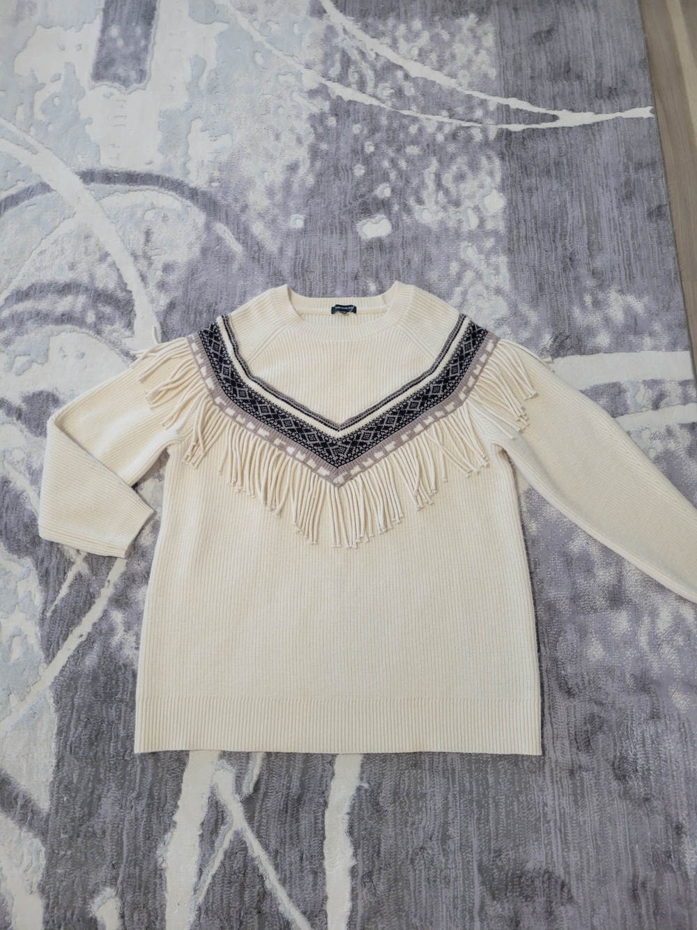 Warehouse Cream Crewneck Sweater with Fringe and Geometric Yoke Detail Size 2XL